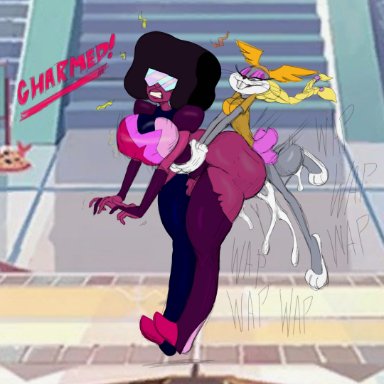 looney tunes, multiversus, steven universe, bugs bunny, garnet (steven universe), gem (species), pantherxlt, 1futa, 1girls, afro, anthro, balls, big ass, big balls, big breasts