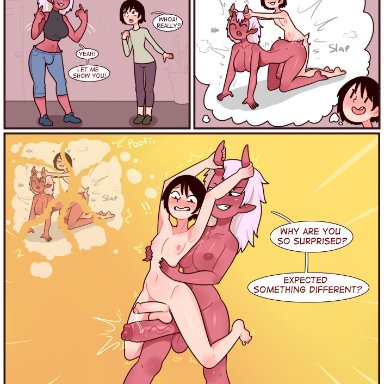 red7cat, 1boy, 1futa, areolae, balls, big breasts, big penis, breasts, clothed, clothing, demon, demon girl, demon horns, doggy style, duo
