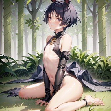 genshin impact, scaramouche (genshin impact), stable diffusion, 1boy, arm support, barefoot, blush, bunny ears, crop top, cutout, detached sleeves, feet, femboy, forest, hip focus