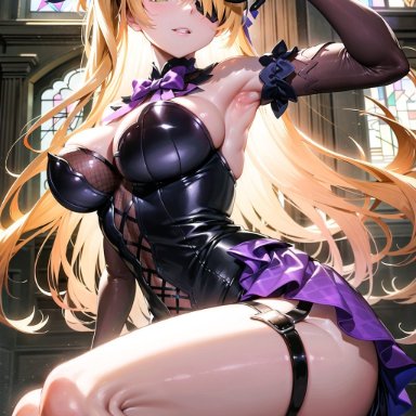 genshin impact, fischl (genshin impact), nai diffusion, stable diffusion, 1girls, armpits, big breasts, blonde hair, breasts, corset, dress, elbow gloves, eyepatch, green eyes, looking at viewer