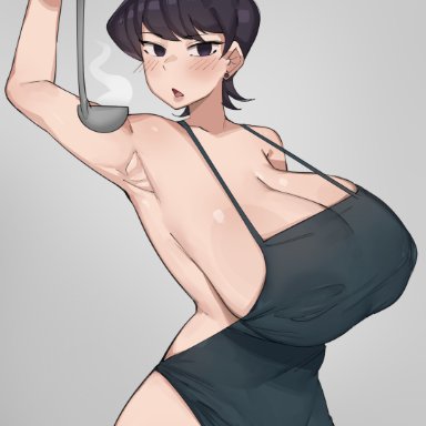 komi can't communicate, komi shuuko, bobtheneet, apron, apron only, armpit, black eyes, black hair, blush, cleavage, earrings, holding ladle, hourglass figure, huge breasts, ladle