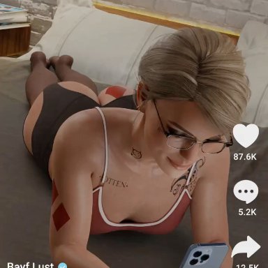 batman (series), dc, dc comics, injustice 2, tiktok, harleen quinzel, harley quinn, bayf lust, 1boy, 1girls, ass, ass shake, athletic, athletic female, bed