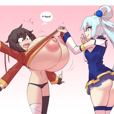 aqua (konosuba), megumin, borvar, 2girls, alternate breast size, areolae, ass, big areola, big breasts, black panties, blue eyes, blue hair, blush, breasts, breasts bigger than head