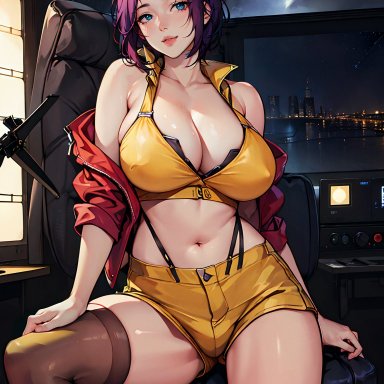 cowboy bebop, faye valentine, stable diffusion, 1girls, big breasts, cleavage, curvaceous, curvy body, curvy female, curvy figure, female, legwear, medium breasts, medium hair, seductive look