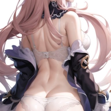 genshin impact, sangonomiya kokomi, stable diffusion, 1girls, ass, back, back view, bra, breasts, bubble ass, bubble butt, nails, panties, pink hair, purple eyes