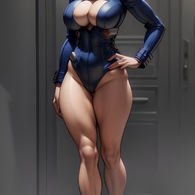 my hero academia, mitsuki bakugou, stable diffusion, big breasts, high heels, huge breasts, leather clothing, leather jacket, long legs, red eyes, short hair, voluptuous, voluptuous female, ai generated, hi res