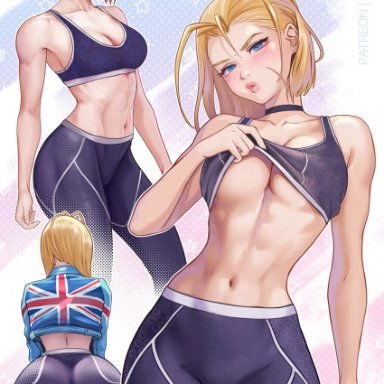 capcom, street fighter, street fighter 6, cammy white, prywinko, abs, antenna hair, arm at side, arm support, arms at sides, ass, black choker, blonde hair, blue eyes, blue jacket