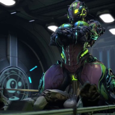 warframe, excalibur (warframe), hildryn (warframe), artist request, white-crow, 1boy, abs, bouncing breasts, breasts, female, large breasts, large penis, muscular female, penis, sex