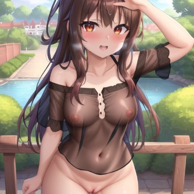 megumin, stable diffusion, black hair, cameltoe, embarrassed, embarrassed nude female, exposed pussy, laugh, looking at viewer, nipples, no panties, public, public exposure, public nudity, pussy