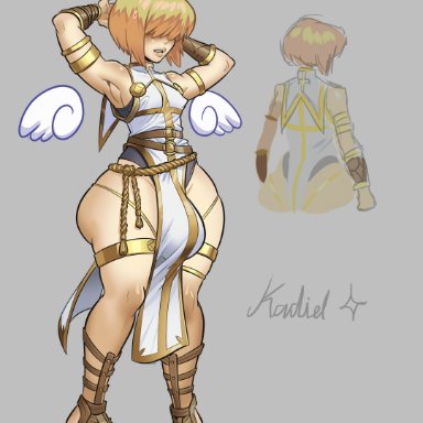 kadiel, discoverychannelofficial, 1boy, angel, angel wings, blonde hair, bulge, femboy, girly, hair over eyes, halo, hung femboy, hung trap, short hair, solo