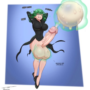 tatsumaki, tohilewd, 1futa, arms behind head, arms up, balls, big breasts, black dress, bottomless, breasts, clothed, clothing, cum, cum balloon, cumming from ball play