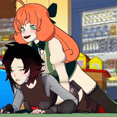 rwby, penny polendina, ruby rose, sfmslayer, clothed sex, corruption, cum, cum in pussy, cum inside, fingerless gloves, full-package futanari, futa on female, futanari, green eyes, long hair