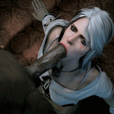 cd projekt red, the witcher (series), the witcher 3: wild hunt, ciri, pewposterous, 1boy, 1girls, abs, bedroom, big penis, bmwf, clothed female nude male, clothing, dark-skinned male, deepthroat