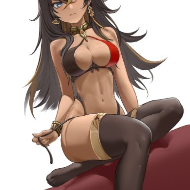 genshin impact, dehya (genshin impact), bikini, black hair, blue eyes, breasts, cat ears, curvy, dark skin, earrings, female, jewelry, large breasts, looking at viewer, thighhighs