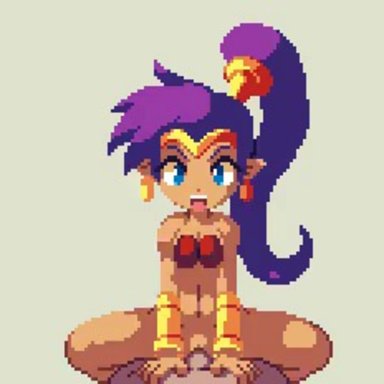 shantae, shantae (character), kyrieru, 1boy, 1girls, ahe gao, belly, blue eyes, bottomless, bouncing breasts, bracelet, breasts, cleavage, closed eyes, cowgirl position