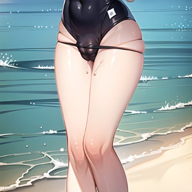 genshin impact, scaramouche (genshin impact), stable diffusion, beach, blush, bodysuit, bulge, clouds, cutout, feet, femboy, hands on own chest, heart, looking at viewer, nipples