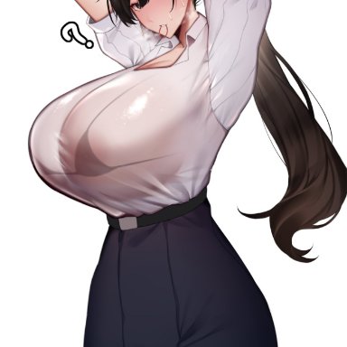 original, original character, unbeller, 1futa, big penis, breasts, brown hair, bulge, clothed, clothing, flaccid, fully clothed, futa only, futanari, huge breasts