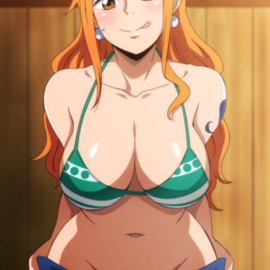 one piece, nami, hara (harayutaka), bare shoulders, bikini, brown eyes, cleavage, earrings, female only, hair between eyes, large breasts, long hair, looking at viewer, orange hair, solo focus