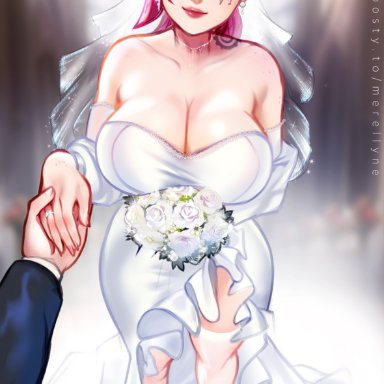 league of legends, riot games, vi, merellyne, 1boy, 1girls, big breasts, blue eyes, blurry background, blush, bouquet, breasts, breasts focus, exposed shoulders, eyebrow scar