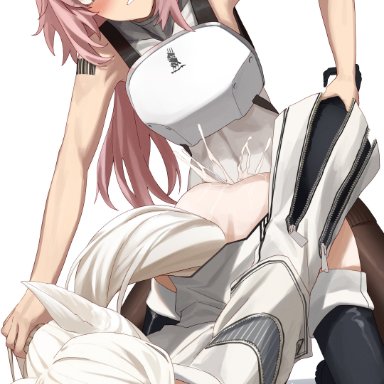 arknights, gravel (arknights), platinum (arknights), dierbeibanjia, 1futa, 1girls, ahe gao, ahoge, all fours, animal ear fluff, animal ears, arm grab, ass, bangs, bare shoulders