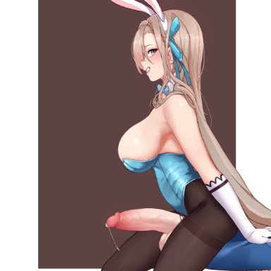 blue archive, asuna (blue archive), todding, 1futa, animal ears, balls, big breasts, big penis, breasts, clothed, clothing, elbow gloves, erect penis, erection, futa only