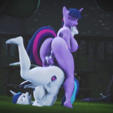 friendship is magic, hasbro, my little pony, gleaming shield (mlp), shining armor (mlp), twilight sparkle (mlp), screwingwithsfm, 2futas, amazon position, anal, anal sex, ass, balls, big breasts, breasts
