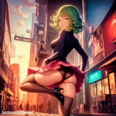 one-punch man, tatsumaki, stable diffusion, cameltoe, city, cityscape, crowd, cute, evening, female, green eyes, green hair, high heels, leg up, looking at viewer