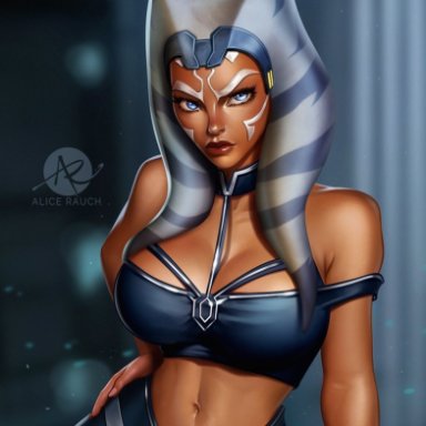 clone wars, star wars, ahsoka tano, togruta, alice rauch, athletic, athletic female, blue eyes, hand on hip, looking at viewer, orange body, orange skin, sexy, hi res, high resolution