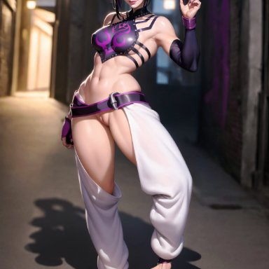 street fighter, juri han, dadpool236, barefoot, cunt, feet, purple eyes, purple hair, pussy, shaved pussy, ai generated