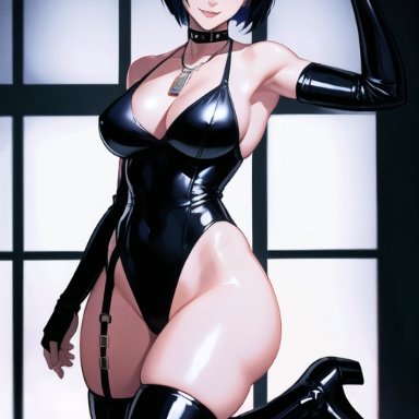 atlus, persona, persona 5, tae takemi, raight21, stable diffusion, blue hair, choker, female, female only, fingerless gloves, goth, high heels, large breasts, latex