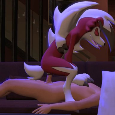 pokemon, lycanroc, pok&#233;mon (species), fang-and-fantasy, anthro, anthro penetrated, bedroom eyes, canine pussy, cowgirl position, female, human, human penetrating, looking pleasured, loving it, narrowed eyes