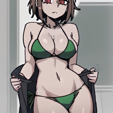 undertale, chara, gardener ai, stable diffusion, bikini, breasts, brown hair, green bikini, red eyes, short hair, side-tie bikini, thick thighs, thin waist, undressing, wide hips