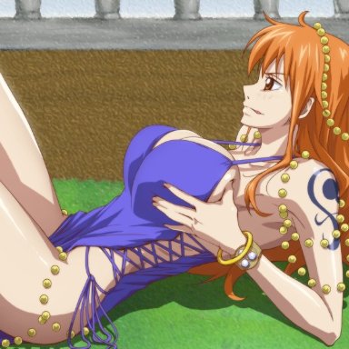 one piece, nami, nami (one piece), kyabakurabakufu, breast hold, breasts, dress, large breasts, non-web source