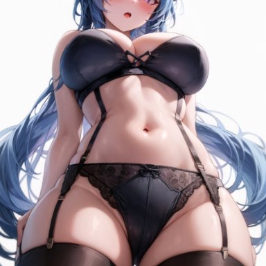 genshin impact, mihoyo, ganyu (genshin impact), stable diffusion, 1girls, black lingerie, blue hair, curves, curvy female, curvy figure, female focus, female only, legwear, lingerie, looking at viewer