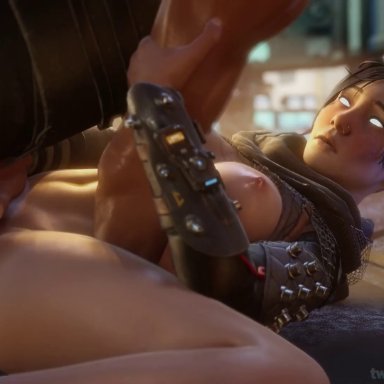 apex legends, wraith (apex legends), dzooworks, big breasts, black hair, hair bun, large breasts, missionary, missionary position, missionary sex, partially clothed, pussy juice, pussy juice trail, rubbing clitoris, rubbing pussy