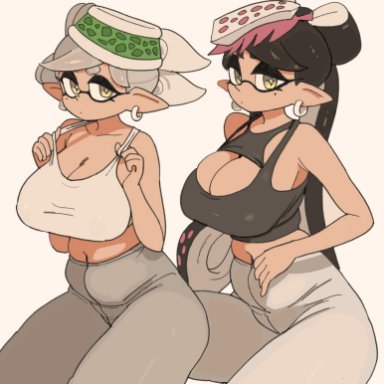 nintendo, splatoon, splatoon (series), callie (splatoon), inkling, marie (splatoon), squid sisters, yuta agc, 2girls, alternate breast size, bare shoulders, beauty mark, big breasts, black hair, breasts