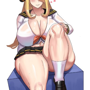 game freak, nintendo, pokemon, pokemon dppt, cynthia (pokemon), ytrall, blonde hair, breasts bigger than head, huge breasts, large breasts, long hair, massive breasts, meaty thighs, mommy milkers, one eye covered