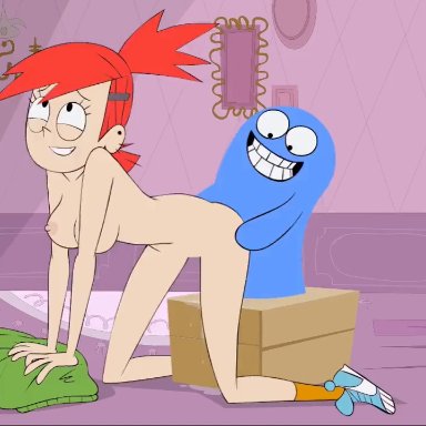 bloo me (zone), cartoon network, bloo, frankie foster, zone, 1boy, 1boy1girl, 1girls, anal, bent over, big breasts, blue body, breasts, classic, clothing