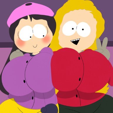 comedy central, south park, bebe stevens, wendy testaburger, 3barts, 2girls, aged up, big breasts, black hair, blonde hair, blush, female, female only, huge breasts, only female