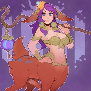 league of legends, lillia (league of legends), splashbrush, 1futa, animal genitalia, areolae, balls, big penis, bottomless, bra, breasts, centaur, clothed, clothing, deertaur