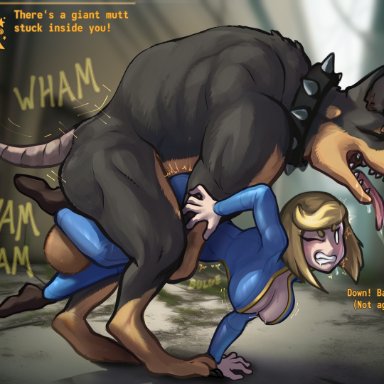 bethesda softworks, fallout, vault girl, vault meat, jelomaus, zoquete, balls, big breasts, bodily fluids, breasts, canid, canine, canis, clothing, collar