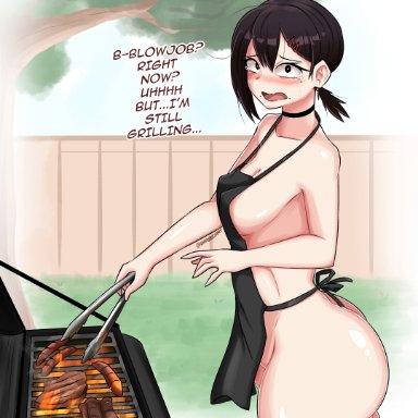 chainsaw man, mappa, higashiyama kobeni, darboo, apron only, big ass, big breasts, cleavage, cooking, female, female only, food, grill, hot dog