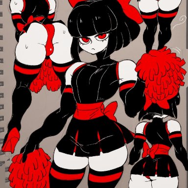 scythe (dizzyspells), dizzyspells, 1boy, absolute territory, back view, bangs, big ass, black clothing, black hair, black skirt, bow, bulge, cheerleader, cheerleader uniform, clothed