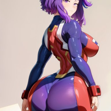 my hero academia, kaina tsutsumi, lady nagant, stable diffusion, 1girls, curvaceous, curvy body, curvy female, curvy figure, female focus, female only, latex suit, looking back, seductive look, skin tight