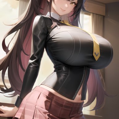 atlus, persona, persona 4, kujikawa rise, stable diffusion, 1girls, alternate breast size, breasts, brown eyes, brown hair, huge breasts, indoors, light-skinned female, light skin, long hair