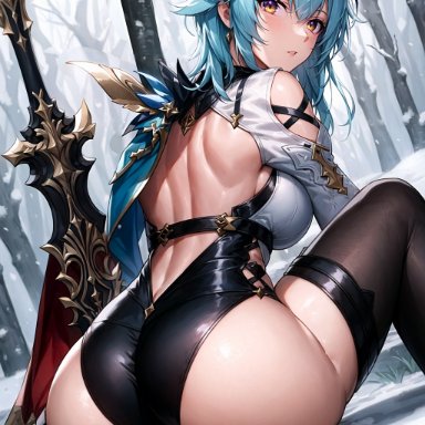 genshin impact, eula (genshin impact), nai diffusion, stable diffusion, 1girls, ass, ass focus, blue hair, bodysuit, breasts, female, from behind, huge ass, latex, leotard