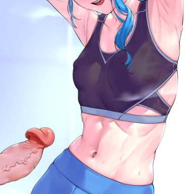 hololive, hoshimachi suisei, rat huang, :d, ;d, armpits, arms behind head, blue eyes, blue hair, blush, breasts, covered nipples, erection, female, grin