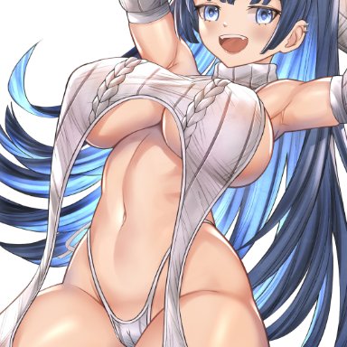 hololive, hololive english, ouro kronii, honkivampy, arms up, blue eyes, blue hair, breasts, colored inner hair, fangs, female, hair intakes, long hair, looking at viewer, meme attire