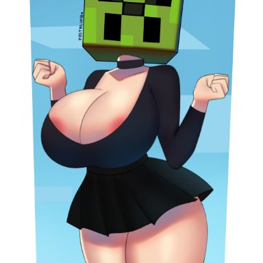 minecraft, creeper, creeper (minecraft), postblue98, 1girls, areola, areolae, big breasts, big thighs, black skirt, black thighhighs, breasts, busty, choker, cleavage