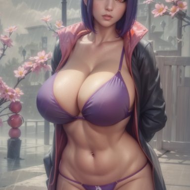 naruto, naruto (series), naruto shippuden, konan, coomette, 1girls, abs, akatsuki (naruto), almost naked, arms behind back, barely clothed, big breasts, blue hair, bob cut, bra